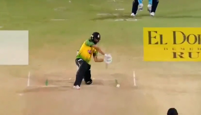 Pakistani all-rounder Imad Wasim hits a shot during Jamaica Tallawahs match against  Saint Lucia Kings. — Twitter