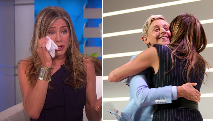 Jennifer Aniston became visibly emotional and teary-eyed as she made a guest appearance on Ellen