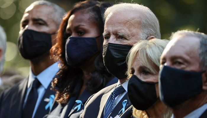 (L-R) Former President Barack Obama, former First Lady Michelle Obama, President Joe Biden, First Lady Jill Biden and former New York City Mayor Michael Bloomberg attend the annual 9/11 Commemoration Ceremony at the National 9/11 Memorial and Museum on September 11, 2021 in New York. — AFP