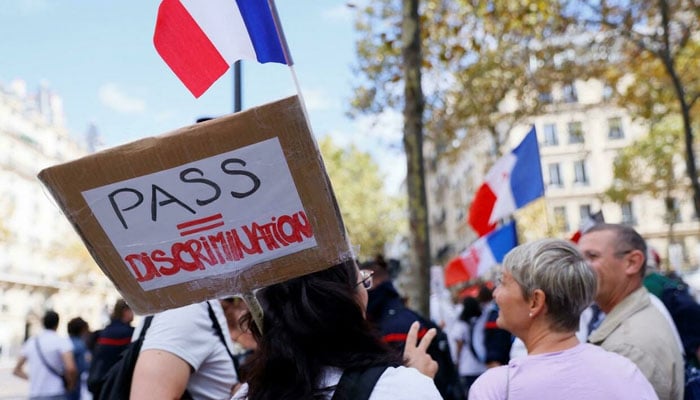 Medical staff protest in Paris against the compulsory Covid-19 vaccination and mandatory use of health passes. AFP