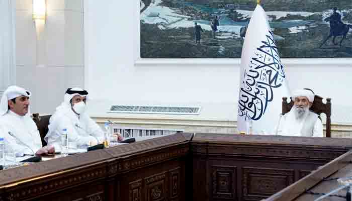 Qatari Foreign Minister Sheikh Mohammad bin Abdulrahman Al-Thani meetsnew Afghan Prime Minister Mullah Mohammad Hassan Akhund.