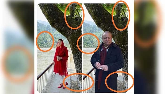 Maryam Nawaz at the bridge on river Keran (L) and former prime minister Nawaz Sharif seemingly photoshopped to be standing at the same spot (right). Photo: Twitter
