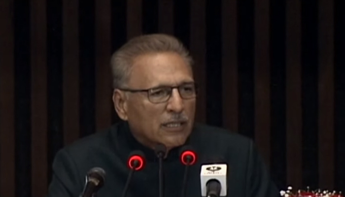 President of Pakistan Dr Arif Alvi addressing the joint session of the Parliament on Monday, September 13, 2021, at the Parliament House in Islamabad. Photo: Screengrab via Hum News Live