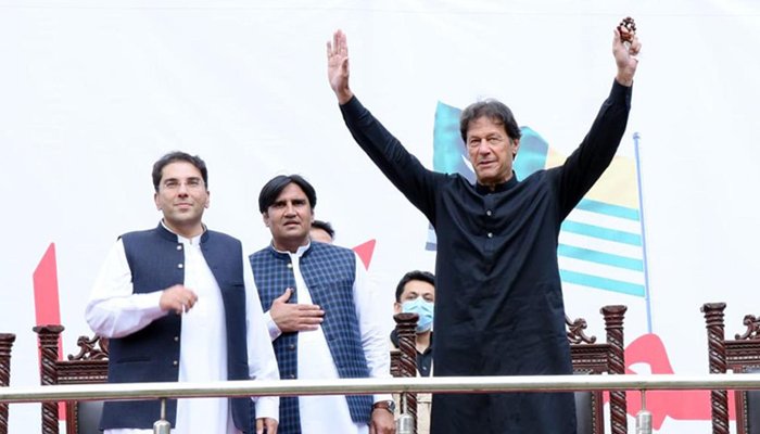 Prime Minister Imran Khan gestures during a rally in Azad Jammu and Kashmirs Tarar Khal, on July 23, 2021. Photo: Geo. tv/ file