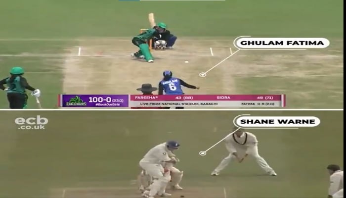 A comparison of the Shane Warne and Ghulam Fatima deliveries. Photo: Twitter screengrab