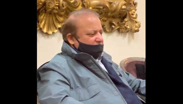 PML-N supremo and former prime minister Nawaz Sharif speaking to reporters in London, on September 14, 2021. — Screengrab from video by author