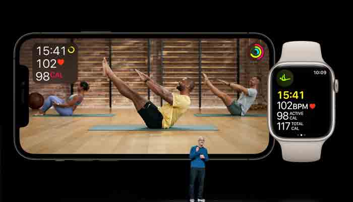 Apple CEO Tim Cook showcases the expansion of Apple Fitness+ during a special event at Apple Park in Cupertino, California broadcast September 14, 2021.