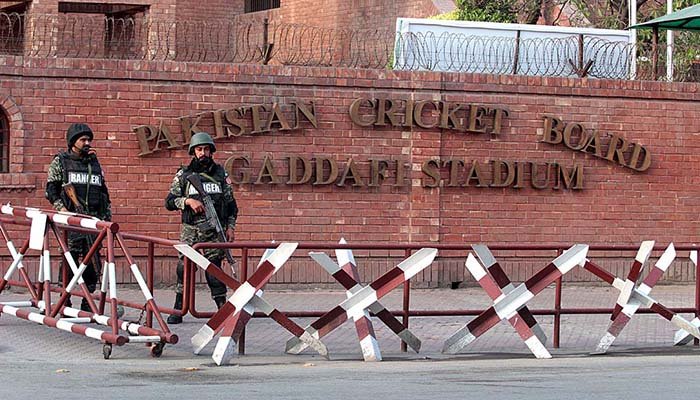 Pakistani soldiers stand alert outside the Gaddafi Cricket Stadium ahead of the forthcoming Pakistan Super League matches.  Photo: APP