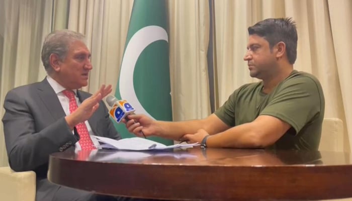 Foreign Minister Shah Mahmood Qureshi (left) speaks during an interview with Geo News at Dushanbe, on September 16, 2021. — Photo by author