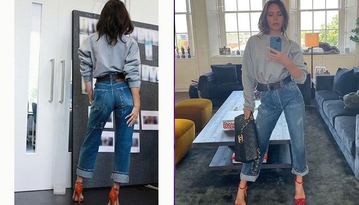 Victoria Beckham amps up glam as she rocks denim jeans and scarlet heels