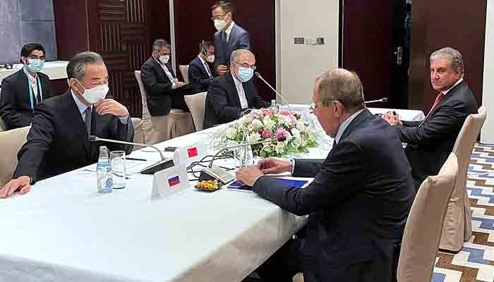 Foreign Minister Makhdoom Shah Mahmood Qureshi in a meeting with Russia’s Foreign Minister Sergei Lavrov, China’s Wang Yi, and Iran’s Hussain Amir Abdollahian on the sidelines of the SCO Council of Heads of State meeting. -APP