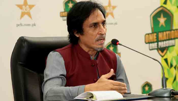 PCB Chairman Ramiz Raja holds a press conference. Photo: File