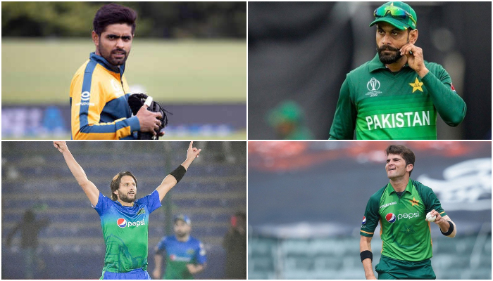 (Top L to R) Pakistan skipper Babar Azam and Mohammad Hafeez (bottom L to R) former captain Shahid Afridi and pacer Shaheen Shah Afridi. — AFP/Twitter/File