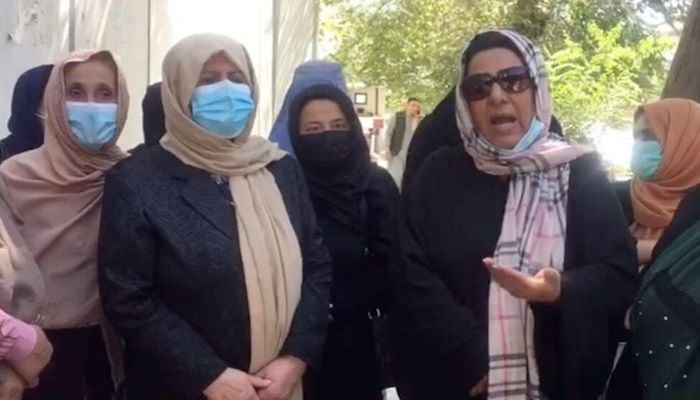 A group of women gather for a protest in Kabul, Afghanistan, September 16, 2021 in this screengrab obtained from a social media video. Video taken September 16, 2021. Photo: Reuters