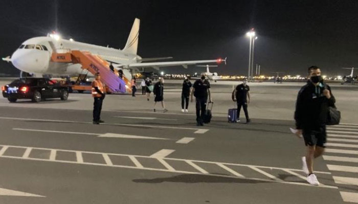 The New Zealand cricket team land in Dubai onboard a chartered plane. Photo credit: NZ cricket.