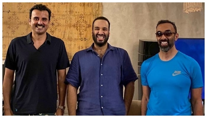 UAE’s National Security Adviser Sheikh Tahnoun Bin Zayed Al Nahyan with Emir of Qatar Sheikh Tamim Bin Hamad Al Thani, and Saudi Crown Prince Mohammed bin Salman bin Abdulaziz.