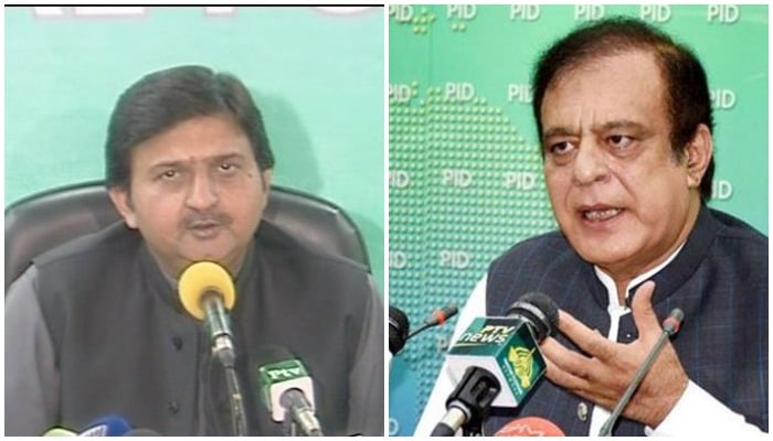 Shahbaz Sharifs spokesman Malik Muhammad Ahmed Khan (L) and Minister for Science and Technology Shibli Faraz (R). Photos: Radio Pakistan/ Press Information Department.