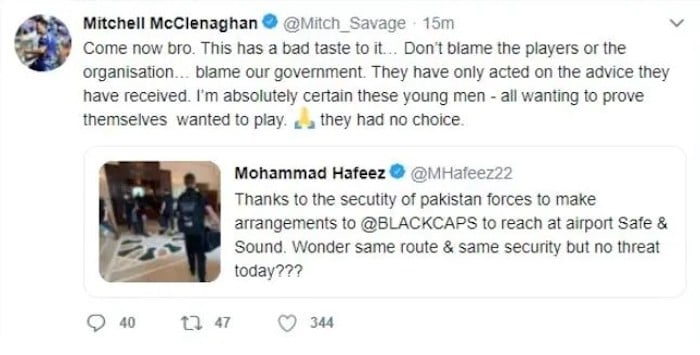 Don’t blame players for NZs tour cancellation: McClenaghan responds to Hafeezs trolling