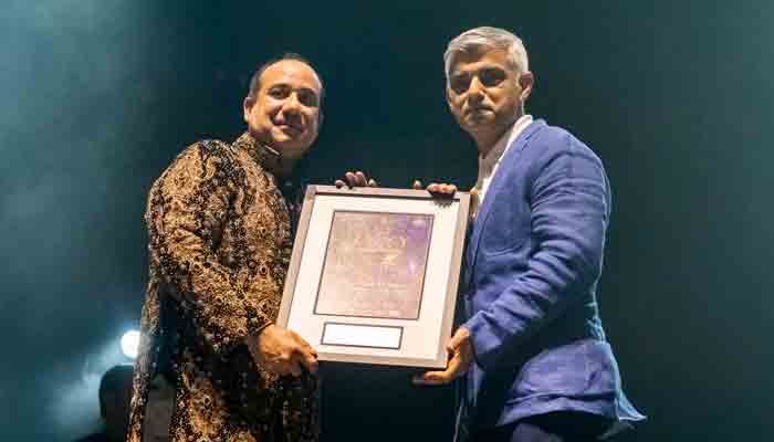 London Mayor Sadiq Khan acknowledges Rahat Fateh Ali Khan at Wembley Arena.