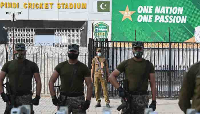Security personnel deployed outside Pindi Cricket Stadium. -AFP