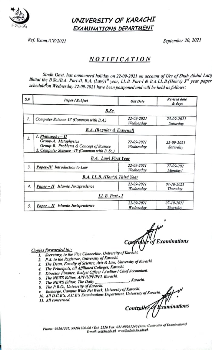 Karachi University postpones BA, BSC exams on Sept 22