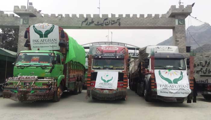 The latest consignment of four trucks to arrive in Afghanistan, on Sunday, September 20, 2021. — Photo courtesy Pakistan Ambassador to Afghanistan Mansoor Ahmad Khan