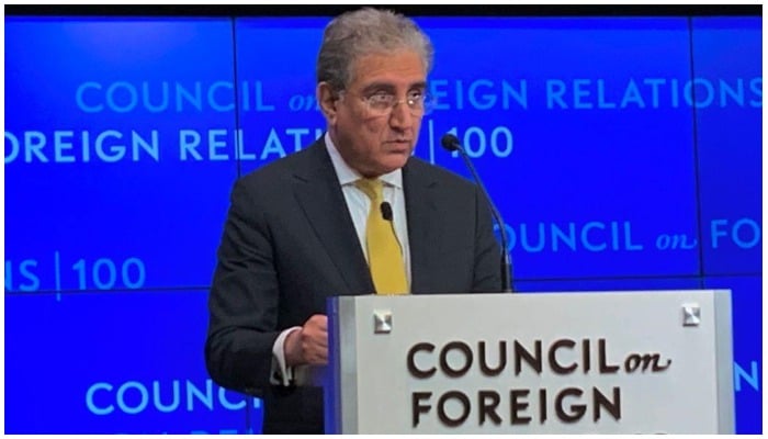 FM Shah Mehmood Qureshi addressing the CFR in New York on September 12. Photo — MOFA