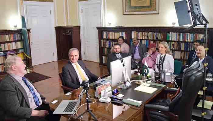 FM Qureshi speaks to the international media.