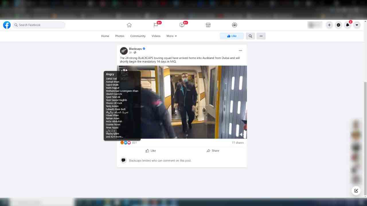 Comments blocked on Facebook by the NZC on a post announcing the arrival of squad from Pakistan.
