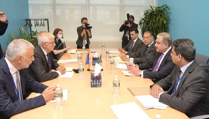 Minister for Foreign Affairs Shah Mahmood Qureshi holds a meeting with EU High Representative for Foreign Affairs and Security Policy Josep Borrell, on the sidelines of the UN General Assembly, in New York, on September 22, 2021. — Photo courtesy Twitter/@SMQureshiPTI