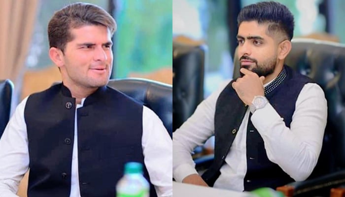 Fast bowler Shaheen Afridi (left) and Pakistani skipper Babar Azam (right) can be seen gesturing during the T20 World Cup squads meeting at the PM House in Islamabad, on September 22, 2021. — Twitter