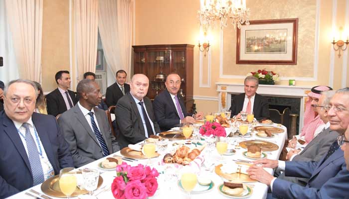 Minister for Foreign Affairs Shah Mahmood Qureshi addressing a breakfast meeting of the Organisation of Islamic Cooperation (OIC) Contact Group on Jammu and Kashmir, on the sidelines of the 76th session of the UN General Assembly, in New York, on September 23, 2021. — Photo courtesy Foreign Office