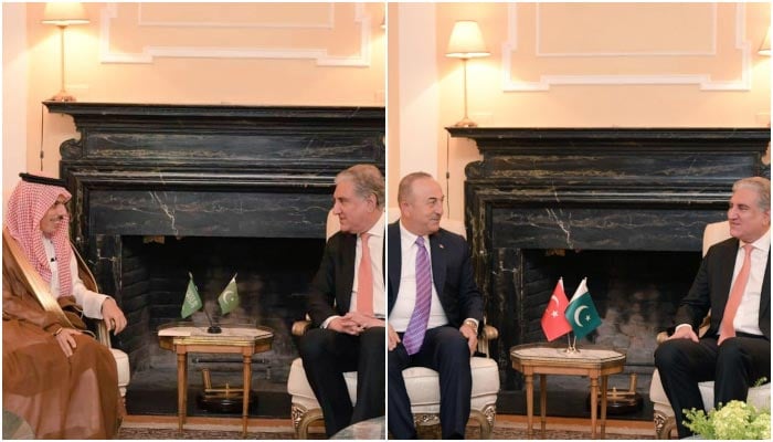 Foreign Minister Shah Mahmood Qureshi (on the right in both photos) meets withSaudi Foreign Minister Prince Faisal bin Farhan Al Saud (on the left in the first photo) andTurkish Foreign Minister Mevlut Cavusoglu (on the left in the second photo)on the sidelines of the 76th session of the United Nations General Assembly in New York, on September 23, 2021. — Twitter/SMQureshiPTI