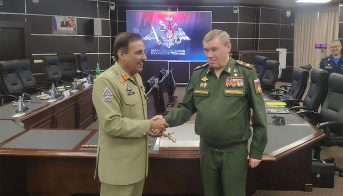 A file photo of Joint Chiefs of Staff Committee (JCSC) Chairman General Nadeem Raza (left) with Russian Federation Chief of General Staff General Valery V. Gerasimov in Moscow