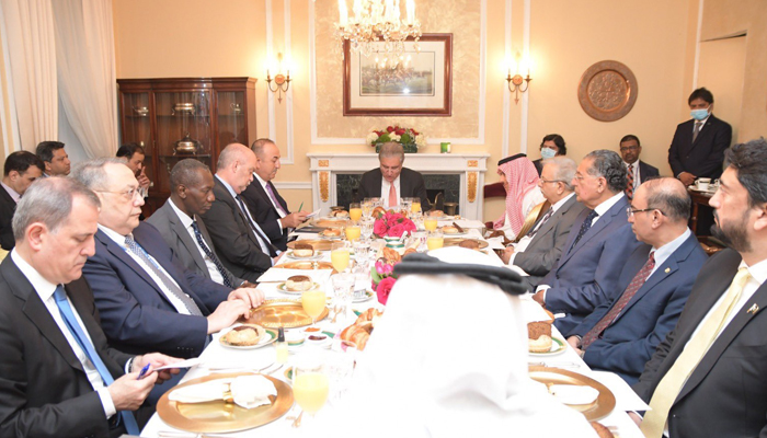 Minister for Foreign Affairs Shah Mahmood Qureshi addressing a breakfast meeting of the Organisation of Islamic Cooperation (OIC) Contact Group on Jammu and Kashmir, on the sidelines of the 76th session of the UN General Assembly, in New York, on September 23, 2021. — Twitter/OIC_OCI