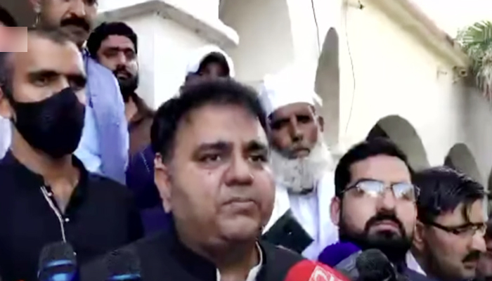 Minister for Information and Broadcasting Fawad Chaudhry speaking to media in Jehlum, on September 25, 2021. — YouTube/HumNewsLive