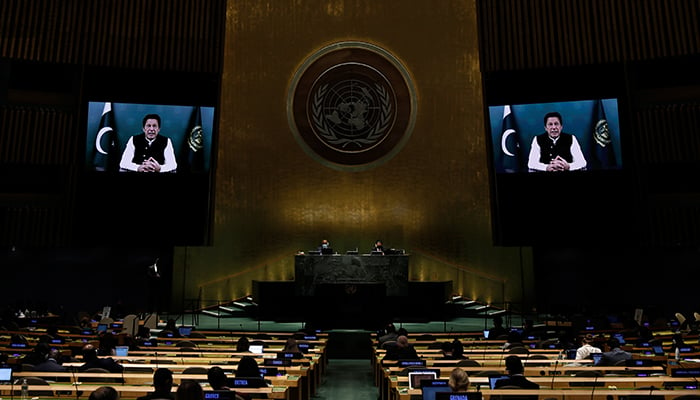 Prime Minister Imran Khan addresses, via prerecorded video the General Debate of the 76th Session of the United Nations General Assembly at UN Headquarters in New York City, U.S., September 24, 2021. — Reuters