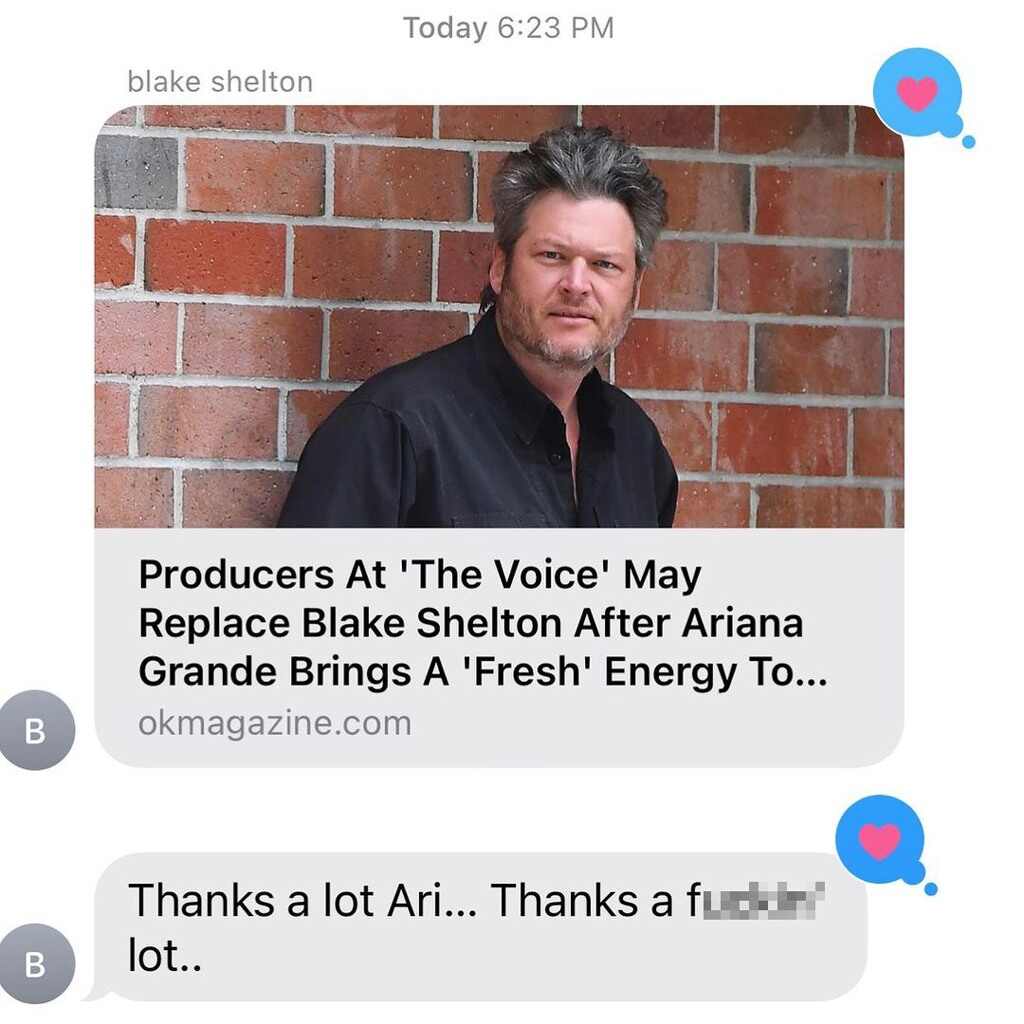 Take a look at Blake Shelton reacting to news of Ariana Grande replacing him