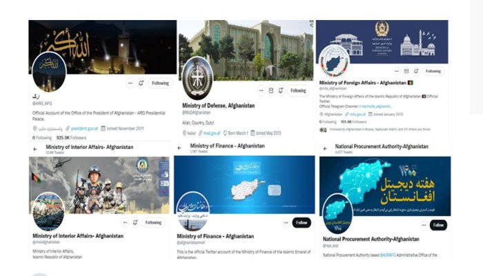 Screengrabs of Twitter accounts of various Afghan ministries. Photo — Afghan media