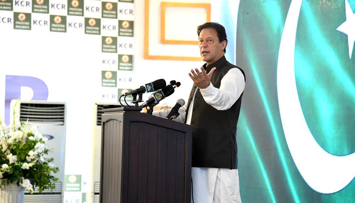 Prime Minister Imran Khan addressing the groundbreaking ceremony of the Karachi Circular Railway on September 27, 2021, in Karachi. — PID