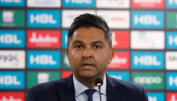 Wasim Khan, Chief Executive of the Pakistan Cricket Board (PCB) addresses a press conference, after Pakistan suspended flagship cricket tournament due to coronavirus disease (COVID-19) cases among teams, at the National Stadium in Karachi, Pakistan March 4, 2021. — Reuters/File