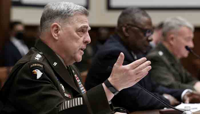 Chairman of the Joint Chiefs of Staff Gen. Mark A. Milley testifies alongside Secretary of Defense Lloyd J. Austin, and Marine Corps Gen. Kenneth F. McKenzie, commander of US Central Command, before the House Armed Services Committee on the conclusion of military operations in Afghanistan at the Rayburn House Office building on Capitol Hill in Washington, DC, U.S. September 29, 2021.-Reuters