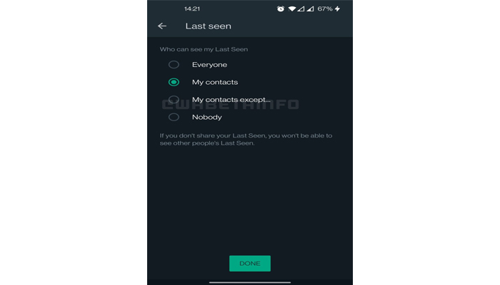 A screenshot of WhatsApps new update to privacy settings looks like this on WhatsApp for Android. — WABetaInfo