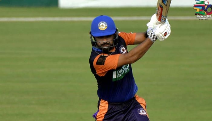 Central Punjab skipper Babar Azam smashes the ball during a match against Northern at the Pindi Cricket Stadium, on September 30, 2021. — Twitter/PCB