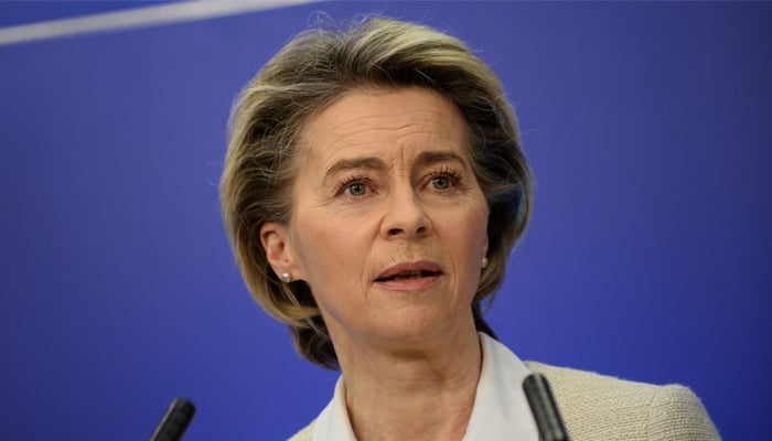 Commission President Ursula von der Leyen speaks during a news conference with European Portuguese Prime Minister Antonio Costa and European Parliament President David Sassoli (not pictured), in Brussels, Belgium February 12, 2021. — Reuters/File