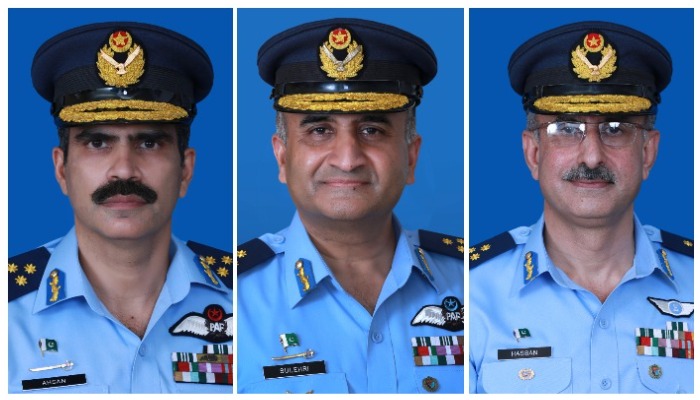 Air Marshal Chaudhry Ahsam Rafiq (L), Air Marshal Waqas Ahmed Sulehri (C) and Air Marshal Ahmad Hassan (R) — PAF