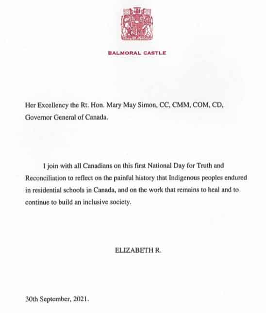 Queen Elizabeth sends message to people of Canada on National Day for Truth and Reconciliation