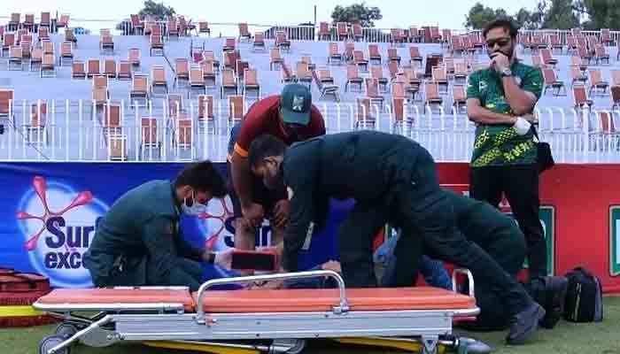 Balochistan Captain Imam-ul-Haq moved to a stretcher after being suffering an injury. Photo: Twitter