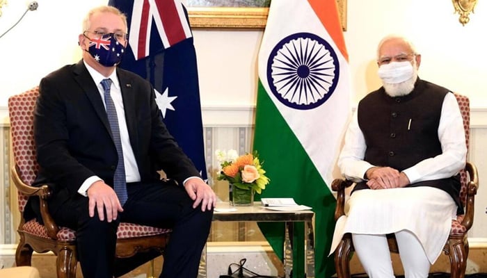 Indian Prime Minister Narendra Modi (right) with Australian PM Scott Morrison. — Twitter/PMOIndia/File