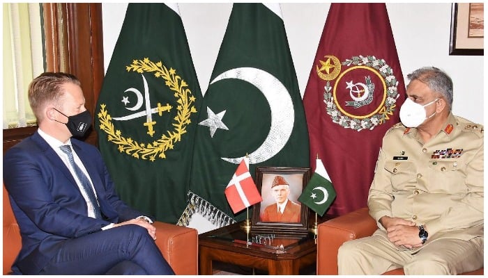 Danish Foreign Minister Jeppe Kofod in a meeting with COAS General Qamar Javed Bajwa. — ISPR